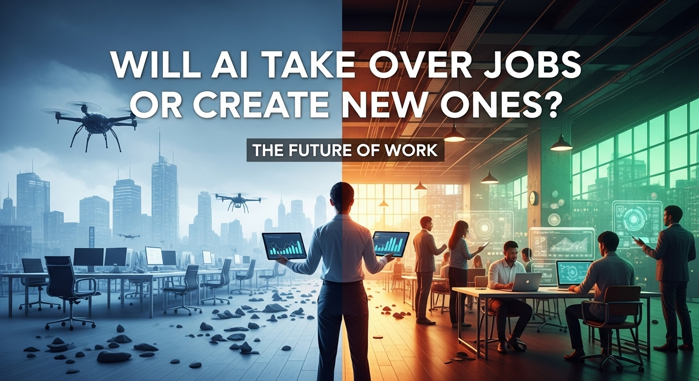 AI job market impact with robots and humans working together.