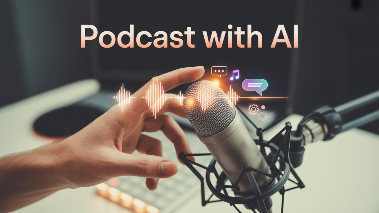 A microphone and audio waves with AI icons, representing AI podcast creation.